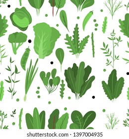 Greenery seamless pattern.  Banner with colourful organic greenery  isolated on white background .Vector illustration.