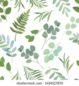 Greenery seamless pattern with eucalyptus branch, fern, green leaves, herb for wedding card, fabric, textile, wrapping. Vector illustration.  Watercolor style