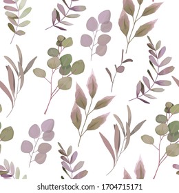 Greenery seamless pattern with eucalyptus branch,  leaves, herb for wedding card, fabric, textile, wrapping. Vector illustration. Watercolor style