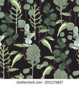 Greenery seamless pattern with eucalyptus branch and herbs for wedding card, fabric, textile, wrapping. Watercolor style illustration on black background.