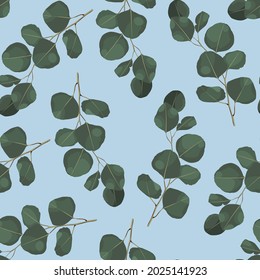 Grüne nahtlose Muster mit Eukalyptus Zweig für Hochzeitskarte, Stoff, Textilien, Umhüllung. Aquarellfarbige Illustration auf blauem Hintergrund.
