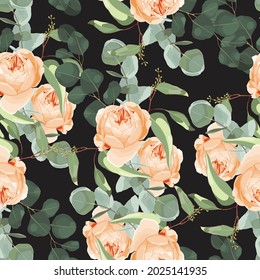 Greenery seamless pattern with eucalyptus branch and roses flowers for wedding card, fabric, textile, wrapping. Watercolor style illustration on black background.