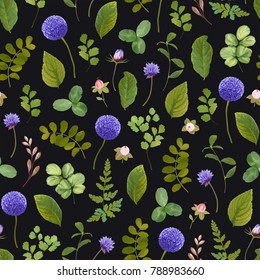 Greenery seamless pattern with green leaves and onion flowers, vector floral illustration on dark background in vintage style.