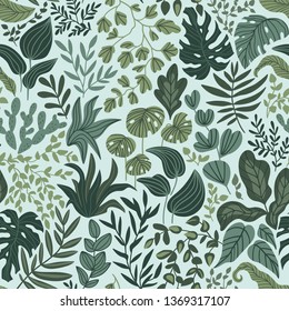 Greenery seamless pattern in hand-drawn style. Vector repeating background with tropical leaves and plants.