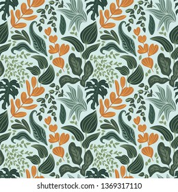 Greenery seamless pattern in hand-drawn style. Vector repeating background with tropical leaves and plants.