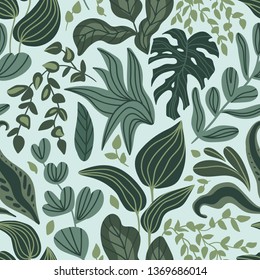 Greenery seamless pattern in hand-drawn style. Vector repeating background with tropical leaves and plants.