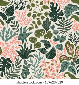 Greenery Seamless Pattern In Hand-drawn Style. Vector Repeating Background With Tropical Leaves And Plants In Green And Pink Colors.