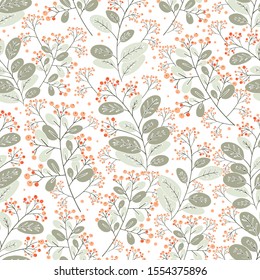 Greenery seamless pattern in hand-drawn style. Hand drawn berres and leaves textile ornament. Botanical vector backdrop. Herbal print design for wallpaper or fabrics. Vector print.
