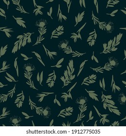 Greenery seamless pattern in hand-drawn style. Botanical design of fabrics, wallpapers, for natural cosmetics, perfumes. Vector repeating background with tropical leaves and plants.