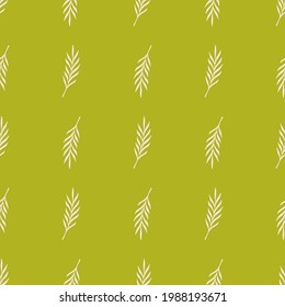 Greenery seamless pattern with simple branches leaf elements. Light green background. Floral artwork. Stock illustration. Vector design for textile, fabric, giftwrap, wallpapers.