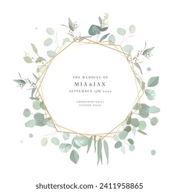 Greenery selection vector design geometry invitation frame. Rustic wedding greenery. Mint, blue, green tones. Watercolor save the date card. Summer rustic style. All elements are isolated and editable