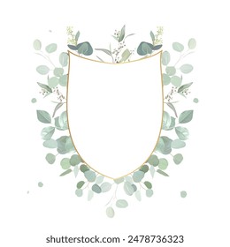 Greenery selection vector design geometry invitation frame. Rustic wedding greenery. Mint, blue, green tones. Watercolor save the date card. Summer rustic style. All elements are isolated and editable