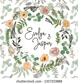 Greenery selection vector design round invitation frame. Flowers, eustoma cream, brunia, green fern, eucalyptus, branches. Watercolor save the date card. Summer rustic style. All elements are isolated