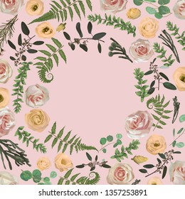 Greenery selection vector design round invitation frame. Flowers, eustoma cream, brunia, green fern, eucalyptus, rose, branches. Watercolor save the date card. Summer rustic style. All elements 