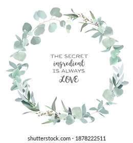 Greenery selection vector design round invitation frame. Rustic wedding greenery. Mint, blue, green tones. Watercolor save the date card. Summer rustic style. All elements are isolated and editable