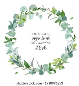 Greenery selection vector design round invitation frame. Rustic wedding greenery. Mint, blue, green tones. Watercolor save the date card. Summer rustic style. All elements are isolated and editable