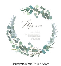 Greenery selection vector design round invitation frame. Rustic wedding greenery. Mint, blue, green tones. Watercolor save the date card. Summer rustic style. All elements are isolated and editable