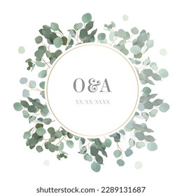 Greenery selection vector design round invitation frame. Rustic wedding greenery. Mint, blue, green tones. Watercolor save the date card. Summer rustic style. All elements are isolated and editable