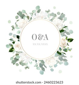 Greenery selection vector design round invitation frame. Flowers, wedding greenery. Mint, blue, green tones. Watercolor save the date card. Summer rustic style. All elements are isolated and editable