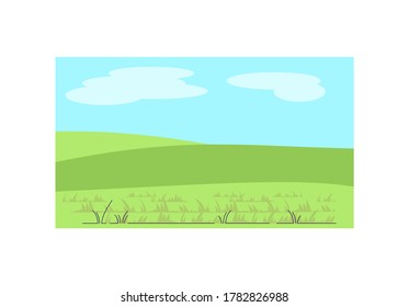 Greenery semi flat vector illustration. Hills with grass. Rural land. Middle age scenery. Ranch pasture. Sun with clouds. Countryside scene. Summer land 2D cartoon landscape for commercial use