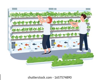 Greenery showcase 2D vector web banner, poster. People in flower shop, gardeners flat characters on cartoon background. Aquaponics, houseplants printable patches, colorful web elements