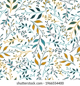 Greenery sprouts pattern seamless design. Botanical berry plants wallpaper. Batik graphic design. Natural stalk sprouting plant pattern illustration. Forest ornament.