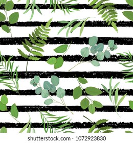 Greenery stripe seamless pattern with eucalyptus branch, fern, green leaves, herb for wedding card, fabric, textile, wrapping. Vector illustration.  Watercolor style