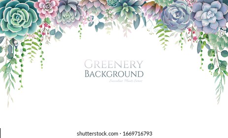 Greenery, succulent and branches frame border on white background. Beautiful template for invite or greeting card, banner. All elements are isolated and editable.