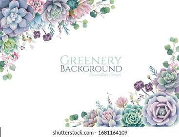 Greenery, succulent and branches frame border on white background. Beautiful template for invite or greeting card, banner. All elements are isolated and editable.