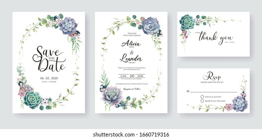 Greenery, Succulent And Branches Wedding Invitation Card, Save The Date, Thank You, Rsvp Template. Vector.	