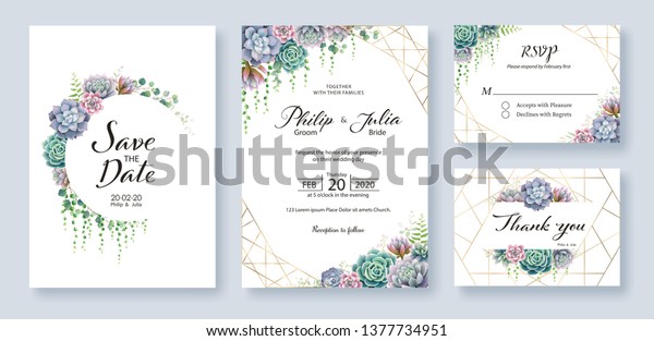Greenery, succulent\
and branches Wedding Invitation card, save the date, thank you,\
rsvp template. Vector.\

