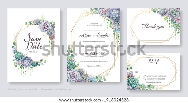 Greenery, succulent and\
branches Wedding Invitation card, save the date, thank you, rsvp\
template. Vector.