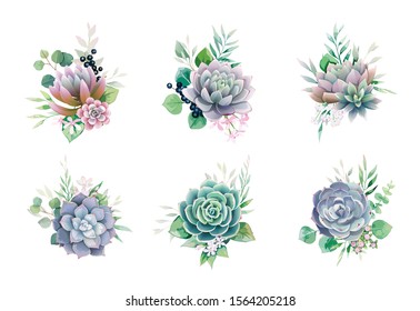 Greenery and succulent, romantic bouquets for wedding invite or greeting card. element set.