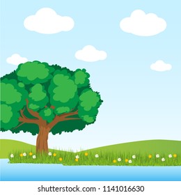 Greenery Tree and lake scene in the field on blu sky background with cloud - Vector Illustration vector.