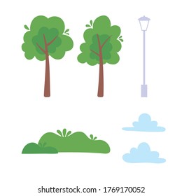 greenery trees bushes and lamp post clouds icons design vector illustration