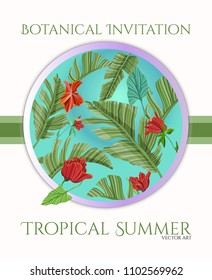 Greenery tropical card template design with palm and flowers for greeting, invitation.