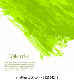 Greenery vector hand paint watercolor texture background. Strokes, splashes, spots, stains isolated on white. Abstract acrylic light green, lime color frame for creative design, place for text, logo.