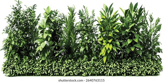 Greenery vector, shrubs row, tropical plants, nature greenery, jungle shrubs, tropical leaves, cutout file, tropical landscape, foliage design, natural greenery clipart