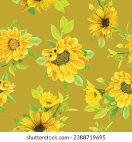greenery watercolor sunflower seamless pattern