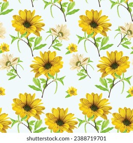 greenery watercolor sunflower seamless pattern
