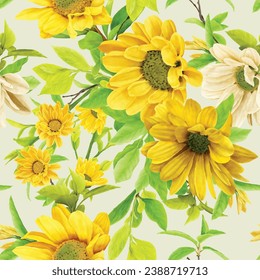 greenery watercolor sunflower seamless pattern