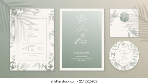 Greenery wedding invitation card background with green watercolor botanical leaves. Abstract floral art background vector design for wedding and vip cover template