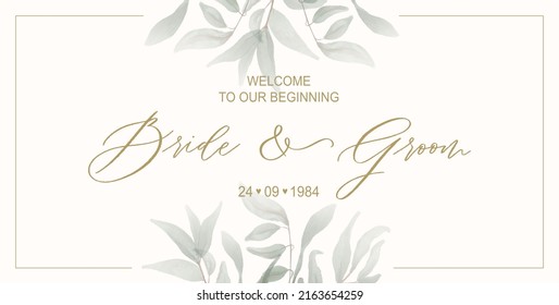 Verdor fondo de la tarjeta de invitación a la boda con hojas botánicas color agua verde. Resumen de diseño de fondo de arte floral de fondo vectorial para boda y plantilla de portada vip