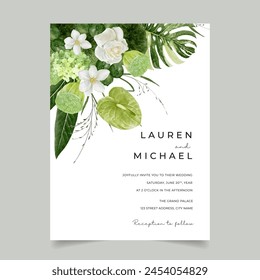 Greenery Wedding Invitation Card with Beautiful Watercolor Anthurium Flower, Lotus Fruits, Rose and Magnolia Flowers