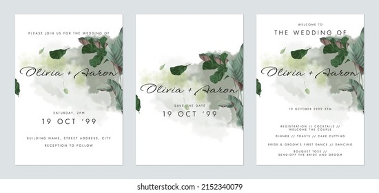 Greenery wedding invitation card set template design, green watercolor decorated with tropical leaves on white