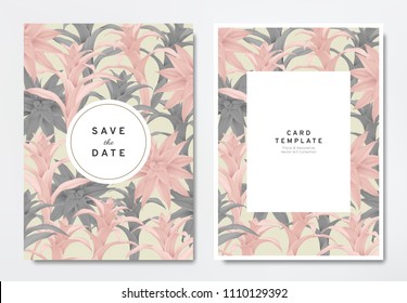 Greenery wedding invitation card template design, pink and black Bromeliaceae with circle and rectangle frames on light brown, vintage style
