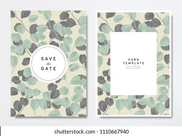 Greenery wedding invitation card template design, green and black Silver Dollar Eucalyptus leaves with circle and rectangle frames on light brown, vintage style