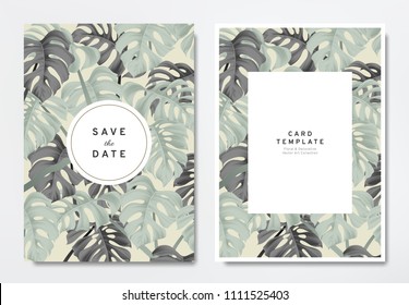 Greenery wedding invitation card template design, green and black split-leaf Philodendron plant with circle and rectangle frames on light brown, vintage style Greenery wedding invitation card template design, green and black split-leaf Philodendron plant with circle and rectangle frames on light brown, vintage style