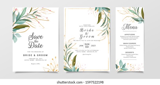 Greenery wedding invitation card template set with leaves and floral glitter decoration. Botanic illustration for background, save the date, invitation, greeting card, poster vector