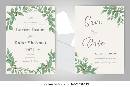 Greenery Wedding Invitation Card Template Set with Watercolor